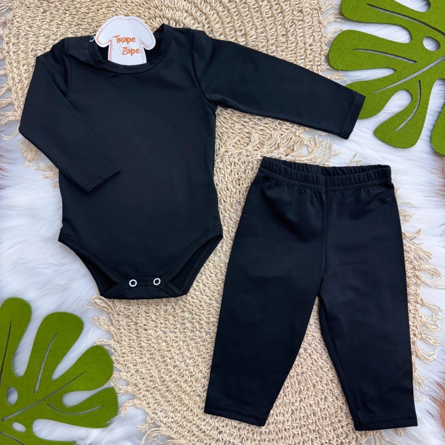 Conj. Body Manga Longa e Calça em Malha Térmica com Proteção UV50+- Preto